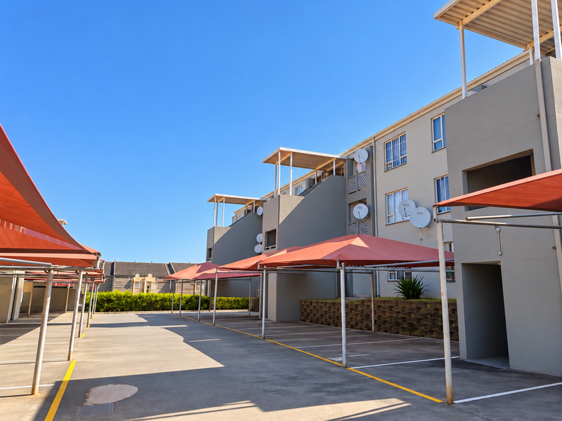 Exterior view of an apartment complex featuring covered parking bays, concrete paving, and a well-maintained building facade with satellite dish installations.