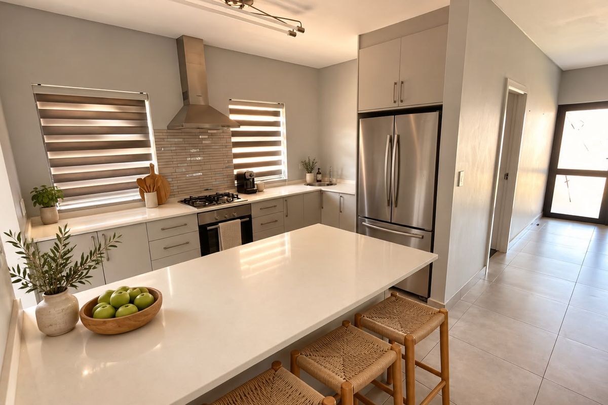 Modern kitchen featuring quartz countertops, a central island, stainless steel appliances, and sleek cabinetry with a tiled backsplash.