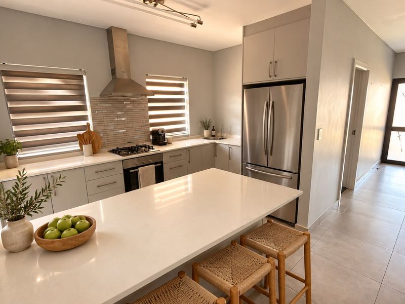 Modern kitchen featuring quartz countertops, a central island, stainless steel appliances, and sleek cabinetry with a tiled backsplash.