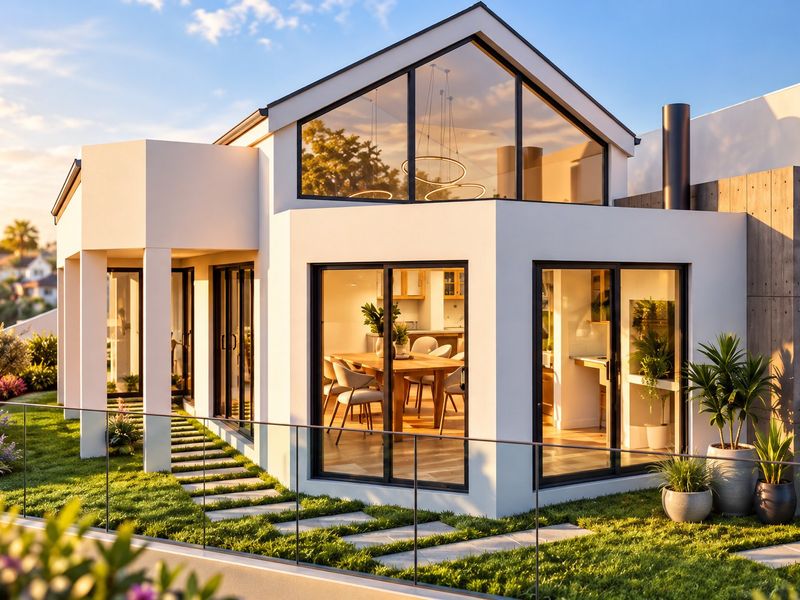 Modern rear elevation featuring expansive glass windows, sliding doors, and a landscaped garden with a stone pathway and glass balustrade.