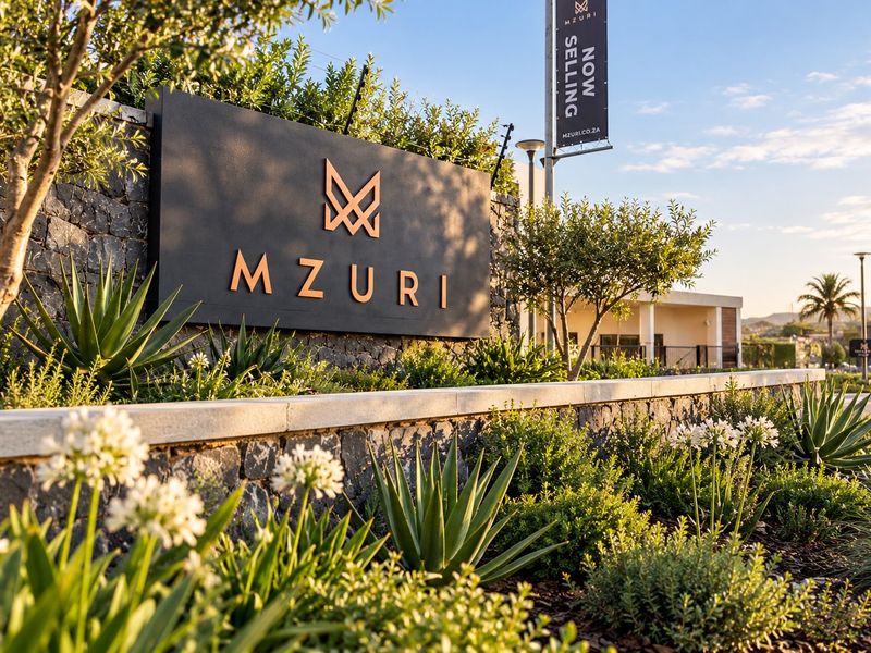 A professional shot of the Mzuri estate entrance featuring modern stone cladding, manicured landscaping, and clear branding signage.
