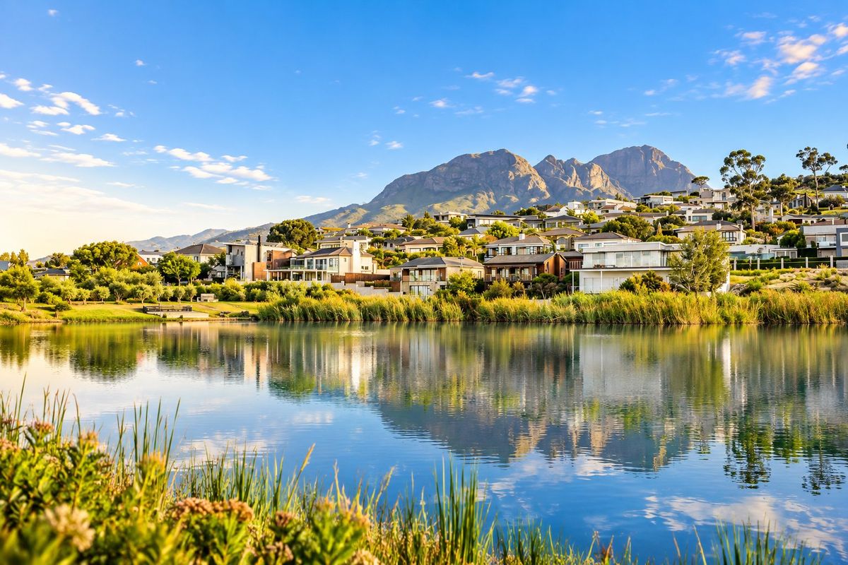 A scenic view of a tranquil lake reflecting the surrounding residential estate and majestic mountain range in the background.