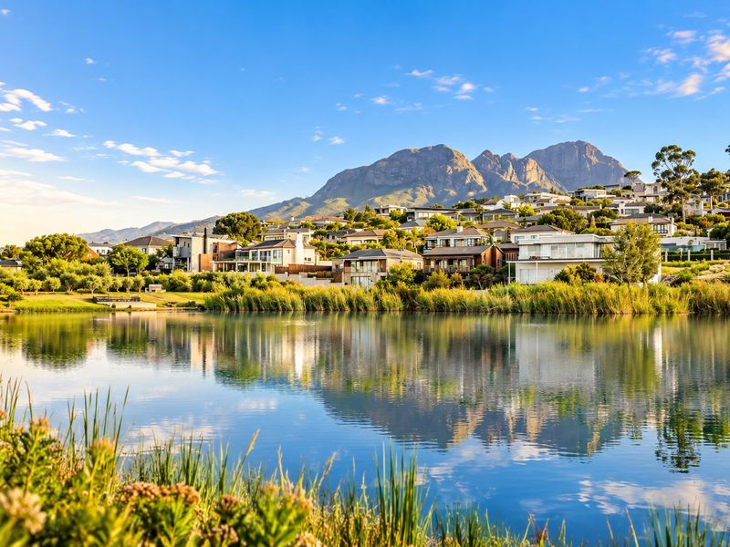 A scenic view of a tranquil lake reflecting the surrounding residential estate and majestic mountain range in the background.