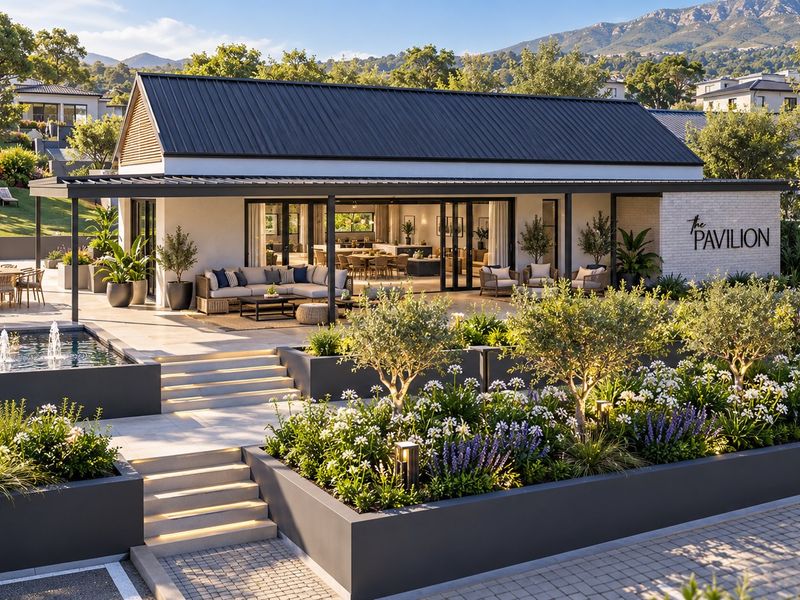 A beautifully landscaped rear exterior featuring a modern pavilion with a swimming pool, covered patio, and tiered garden beds.