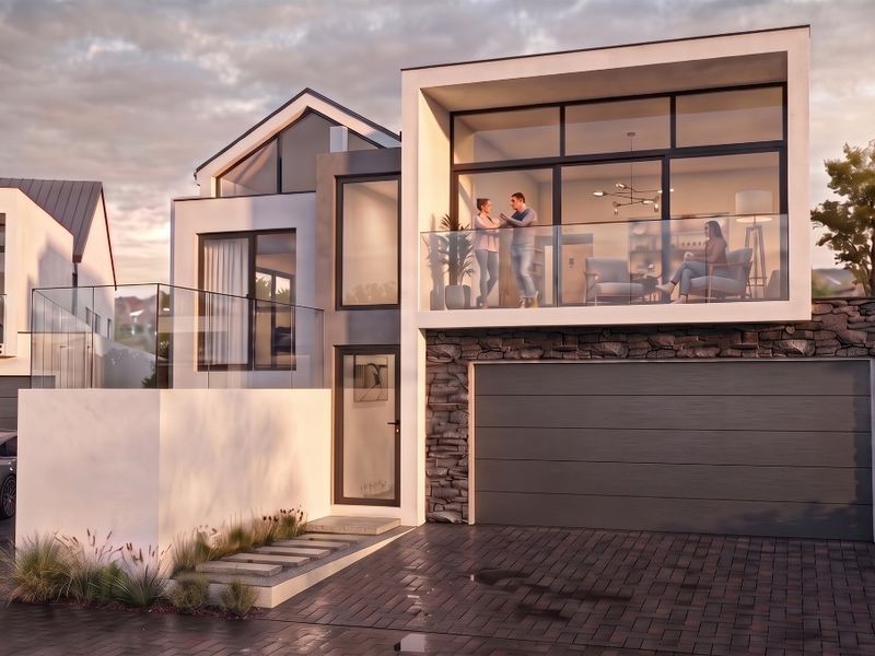 Modern architectural facade featuring stone cladding, glass balconies, and large windows, showcasing a contemporary multi-level residential design with integrated garage and paved driveway.