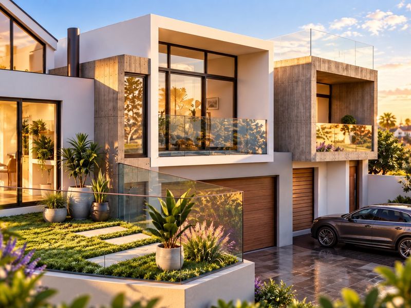 Modern architectural house exterior featuring glass balustrades, timber garage doors, and a landscaped raised garden bed at sunset.
