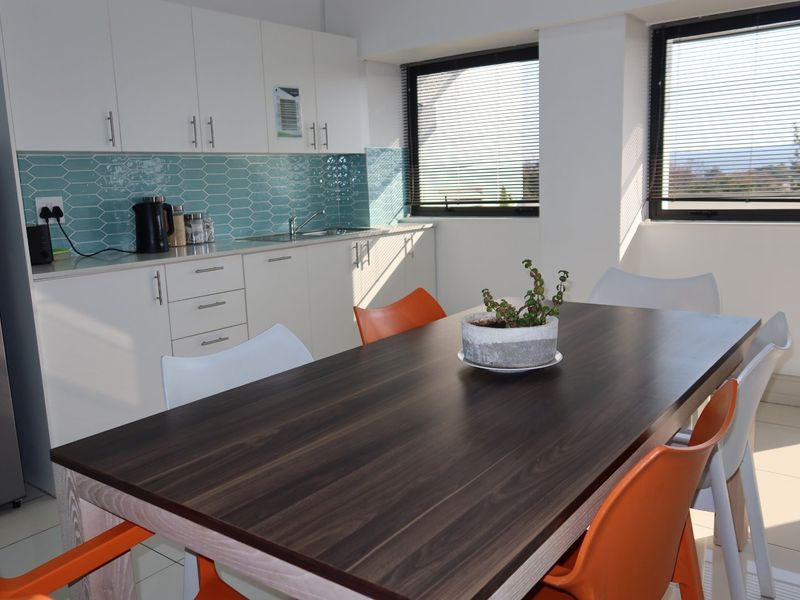 A bright open-plan kitchen and dining area featuring modern white cabinetry, a stylish blue tiled backsplash, and large windows with venetian blinds.