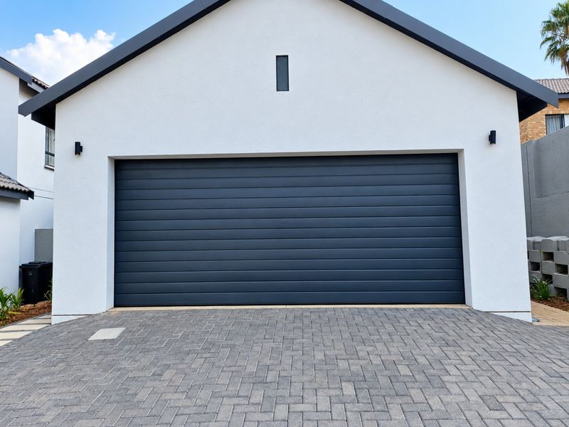 A modern townhouse garage featuring a dark grey sectional door, clean white facade, and a neatly paved driveway.