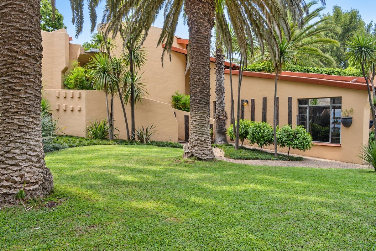 A well-maintained rear garden featuring mature palm trees, a paved walkway, and a distinctive stucco-finished exterior facade with steel-framed windows.