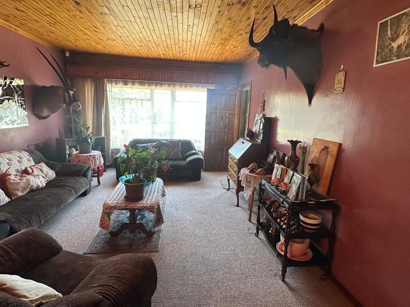 A living room featuring a timber tongue and groove ceiling, large window for natural light, and solid timber door access.