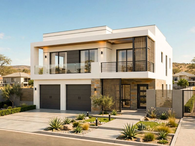 Modern double-story residential property featuring a double garage, stone-clad accents, glass balcony, and professionally landscaped front garden.