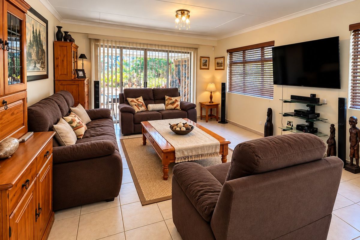 A comfortable living room featuring tiled flooring, large sliding glass doors leading to the patio, and venetian blinds.