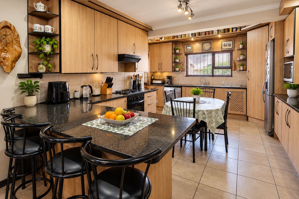 A well-maintained kitchen featuring light wood cabinetry, granite countertops, a breakfast bar, and integrated appliances, offering a functional and warm cooking space.