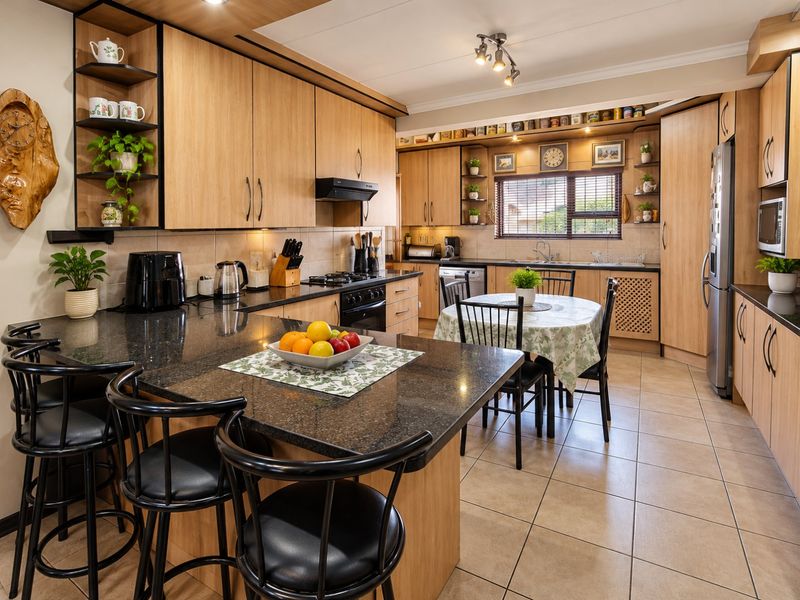 A well-maintained kitchen featuring light wood cabinetry, granite countertops, a breakfast bar, and integrated appliances, offering a functional and warm cooking space.