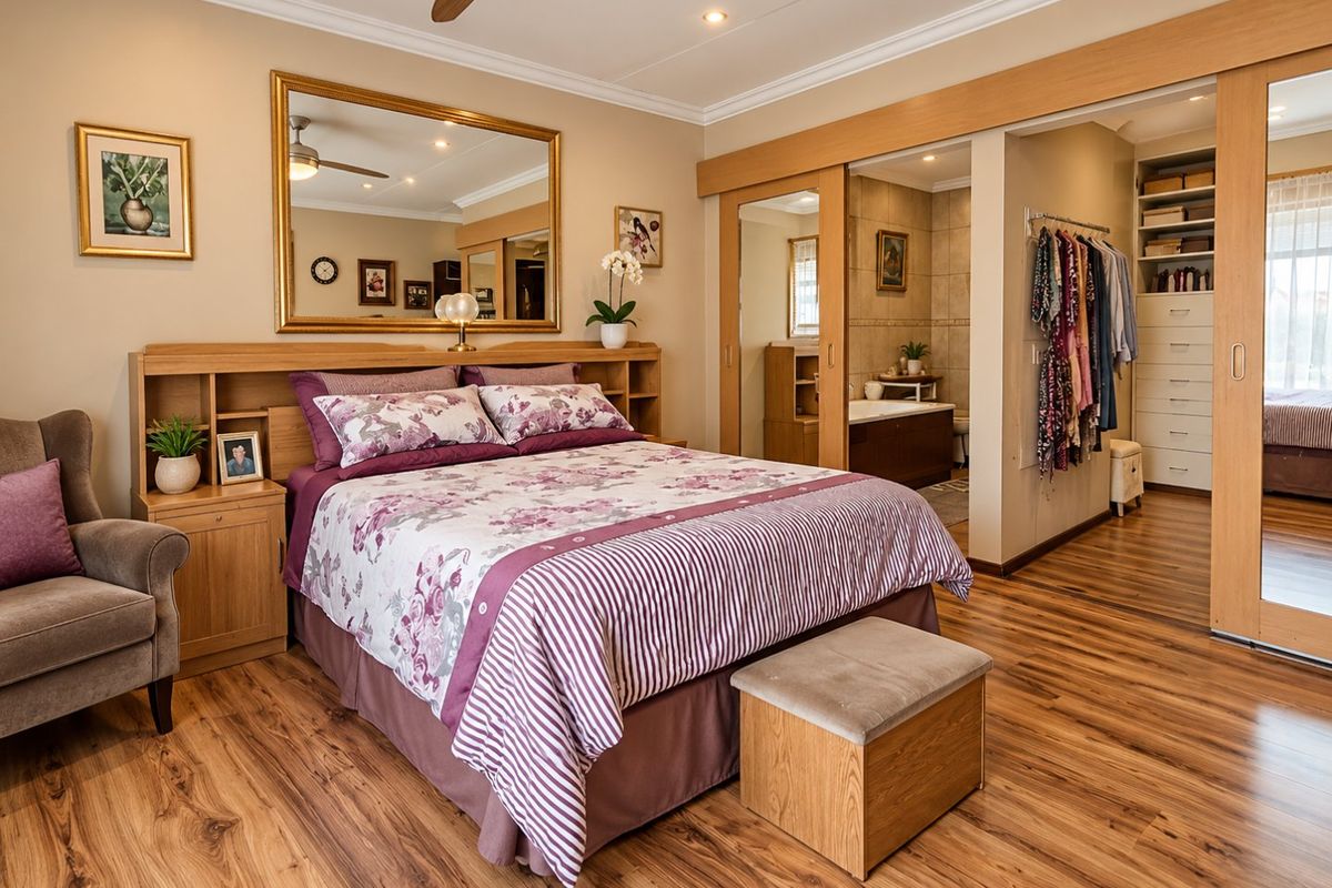 Spacious bedroom featuring laminate flooring, a built-in headboard, and an integrated walk-in closet with sliding doors leading to an en-suite bathroom.