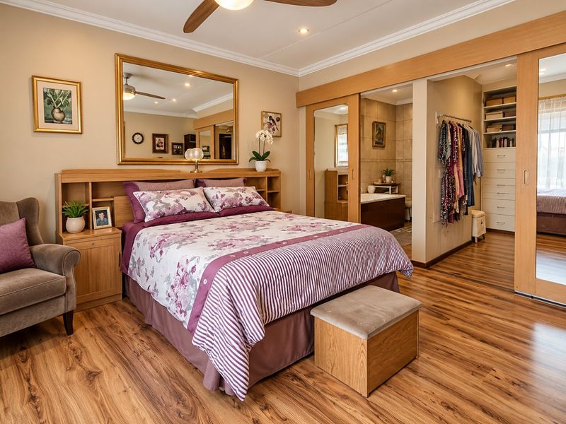 Spacious bedroom featuring laminate flooring, a built-in headboard, and an integrated walk-in closet with sliding doors leading to an en-suite bathroom.