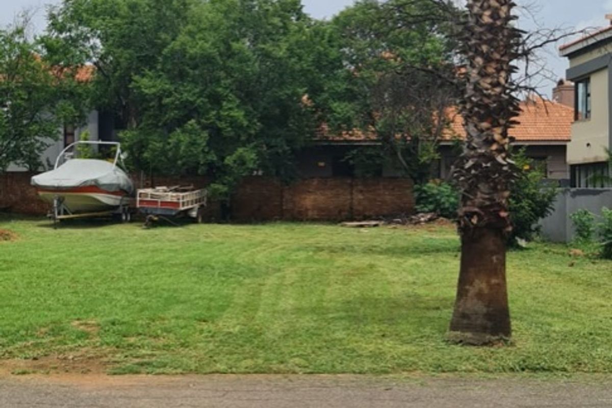 A vacant residential plot featuring a grass lawn, a mature palm tree, and a brick boundary wall, viewed from the street.