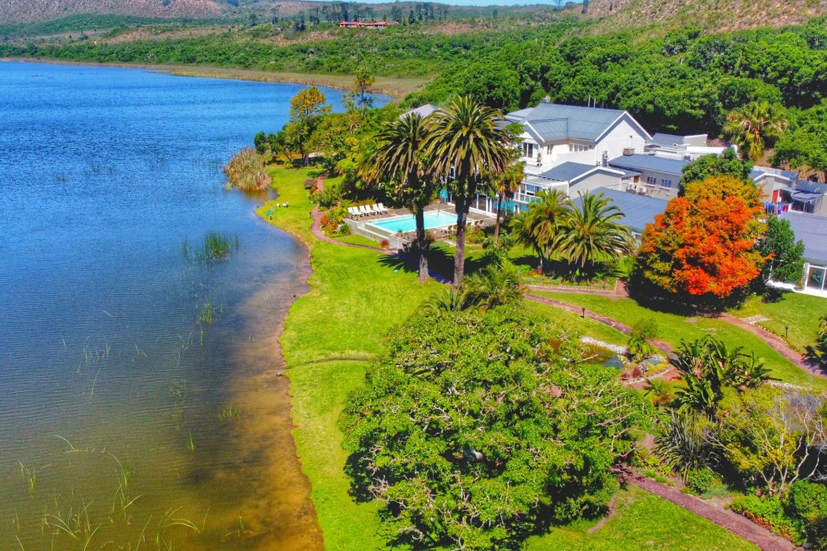 Aerial view of a sprawling lakefront property featuring a swimming pool, extensive landscaped gardens, and mature trees along the water's edge.