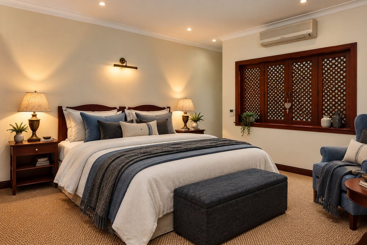 A well-maintained bedroom featuring timber lattice window shutters, recessed lighting, and a wall-mounted air conditioning unit.