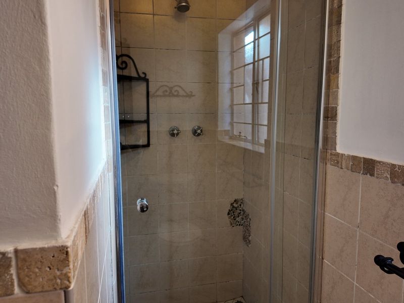 A bathroom shower enclosure featuring tiled walls and a glass door, currently showing signs of damage to the wall tiling.
