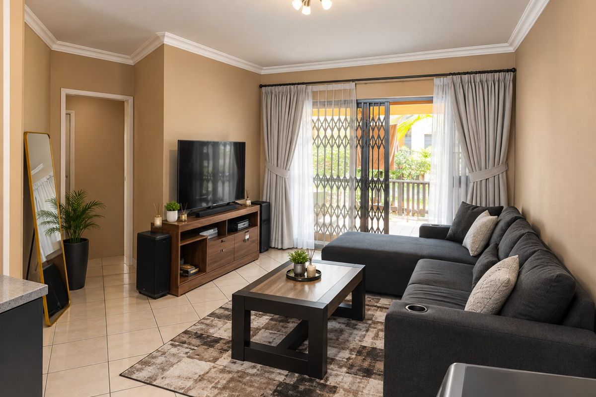 A well-maintained living room featuring tiled flooring, crown molding, and a sliding glass door with a security gate leading to an outdoor area.