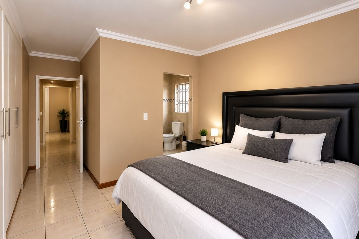 Spacious bedroom featuring tiled flooring, built-in cupboards, and an en-suite bathroom, finished with neutral wall tones and classic ceiling cornicing.