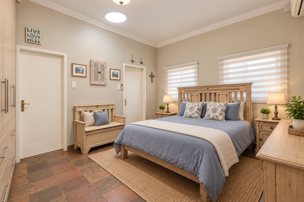 A well-maintained bedroom featuring tiled flooring, built-in cupboards, a skylight, and air conditioning, offering a comfortable and functional living space.