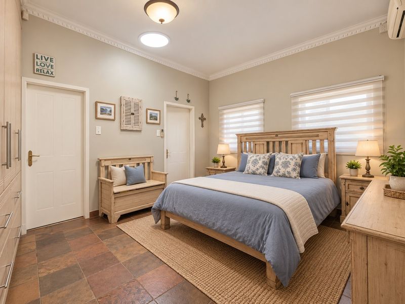 A well-maintained bedroom featuring tiled flooring, built-in cupboards, a skylight, and air conditioning, offering a comfortable and functional living space.