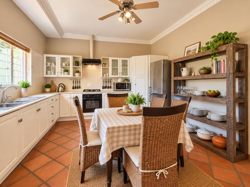 A bright open-plan kitchen and dining area featuring white cabinetry, terracotta flooring, built-in appliances, and elegant crown molding.