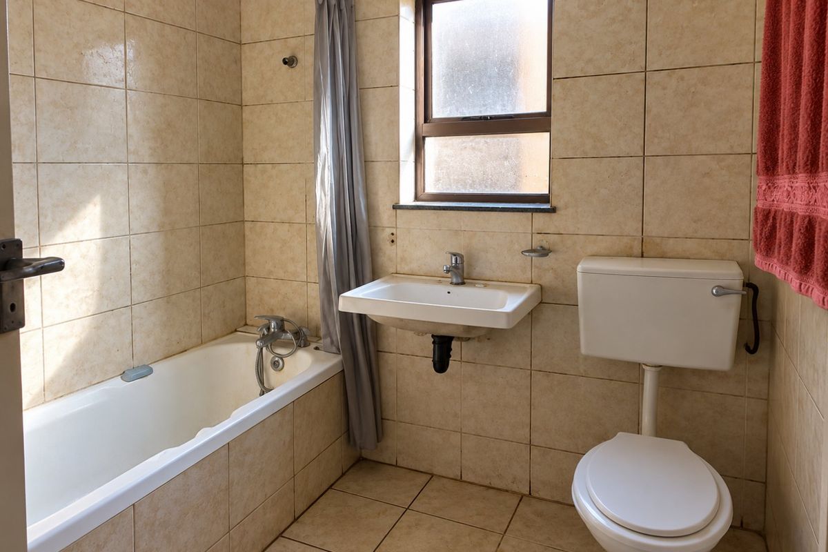 A dated bathroom featuring a bathtub with shower mixer, wall-mounted basin, and toilet, finished with neutral ceramic wall and floor tiles.