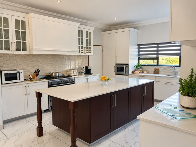 Modern kitchen featuring a central island with quartz countertops, shaker-style cabinetry, gas stove, built-in appliances, and elegant porcelain floor tiles.