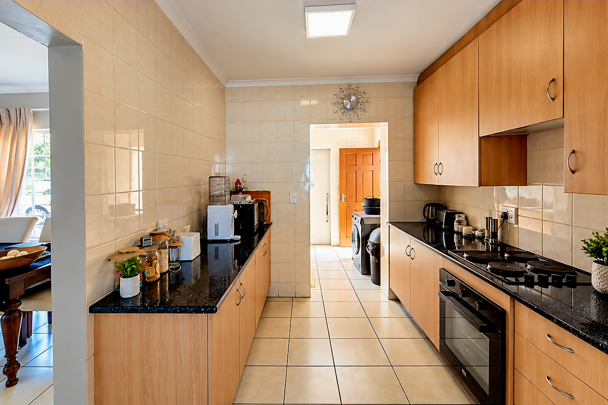 A functional kitchen featuring light wood cabinetry, dark granite countertops, integrated electric hob and oven, and neutral tiled splashbacks and flooring.