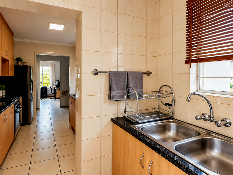 A functional scullery featuring a double stainless steel sink, granite countertops, ample laminate cabinetry, and tiled finishes, providing a practical secondary prep and wash-up area.