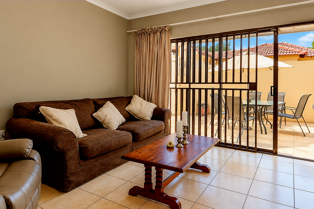 A living room featuring tiled flooring and a sliding glass door with a security gate, providing direct access to an outdoor patio area.