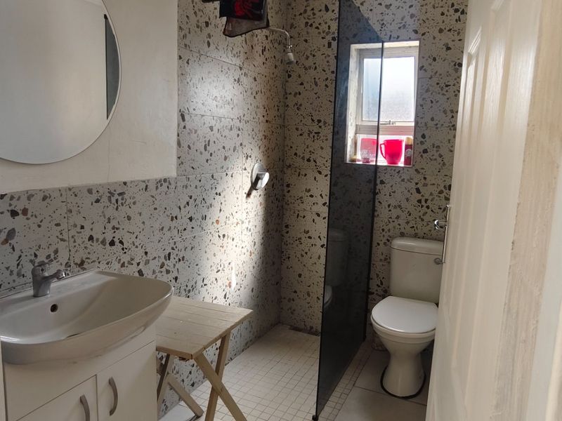 A compact bathroom featuring terrazzo-style wall tiling, a vanity basin, a walk-in shower enclosure, and a standard toilet.