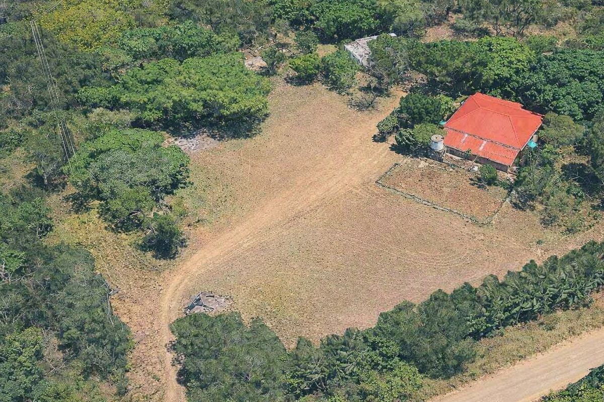 Aerial view of a rural farm property featuring a dwelling with a red metal roof, surrounding trees, and a dirt access track.