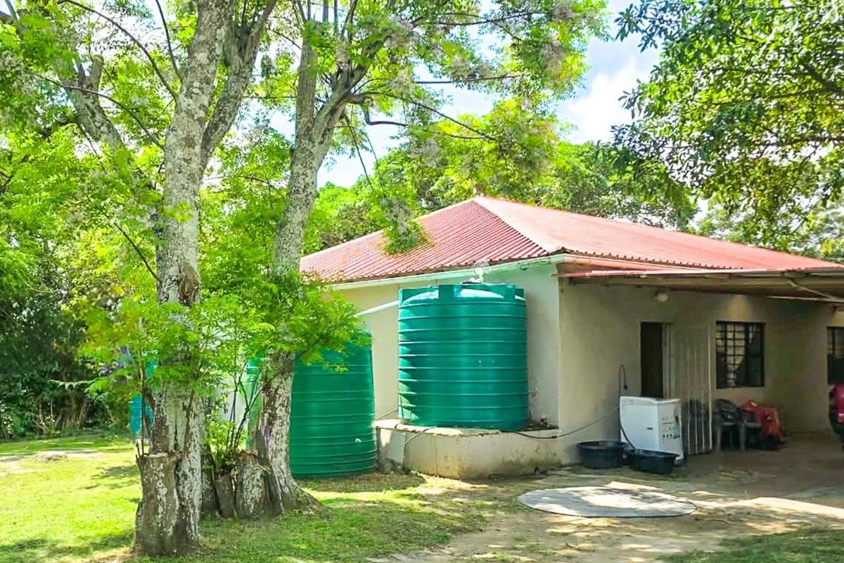 Rear view of the farm property featuring a covered carport area and external water storage tanks set within a mature garden.
