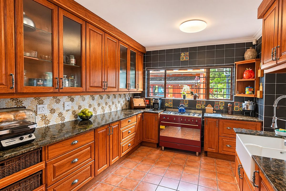 A well-maintained kitchen featuring warm wooden cabinetry, granite countertops, a farmhouse sink, and a classic freestanding gas stove with decorative tiled backsplash.