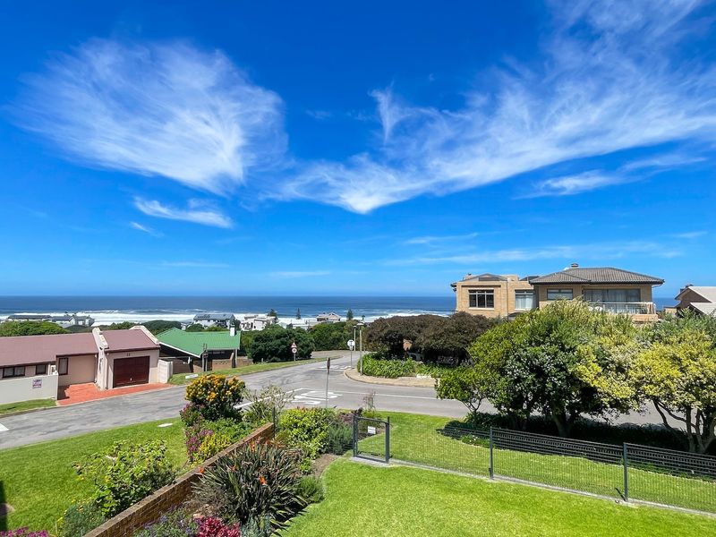 Elevated coastal view overlooking the neighborhood, street, and ocean horizon under a clear blue sky.