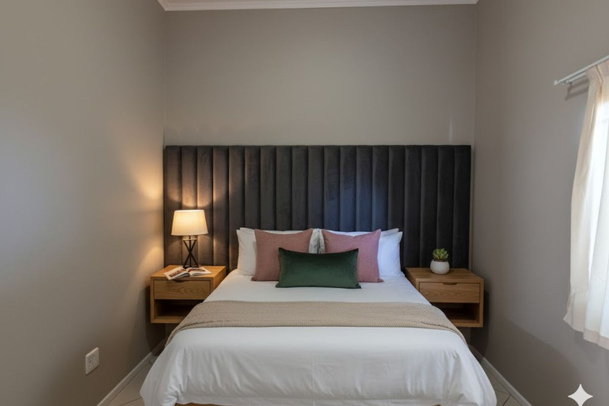 A well-presented bedroom featuring a dark upholstered headboard, floating bedside tables, and neutral tiled flooring.