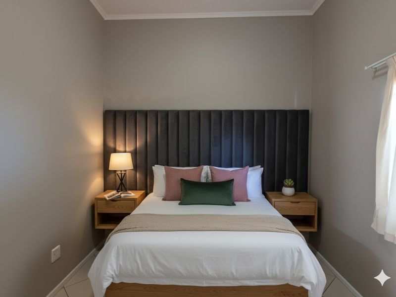 A well-presented bedroom featuring a dark upholstered headboard, floating bedside tables, and neutral tiled flooring.