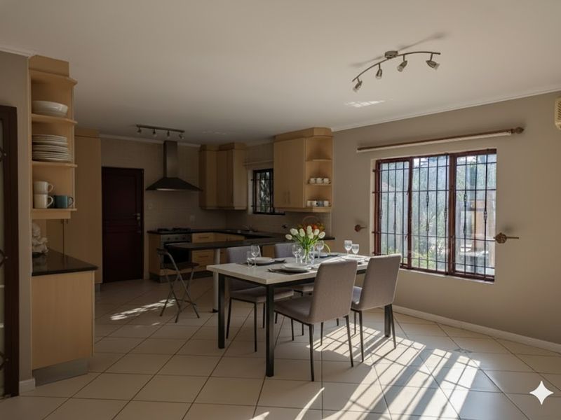 An open-plan kitchen and dining area featuring light wood cabinetry, tiled flooring, and natural light through windows with security bars.