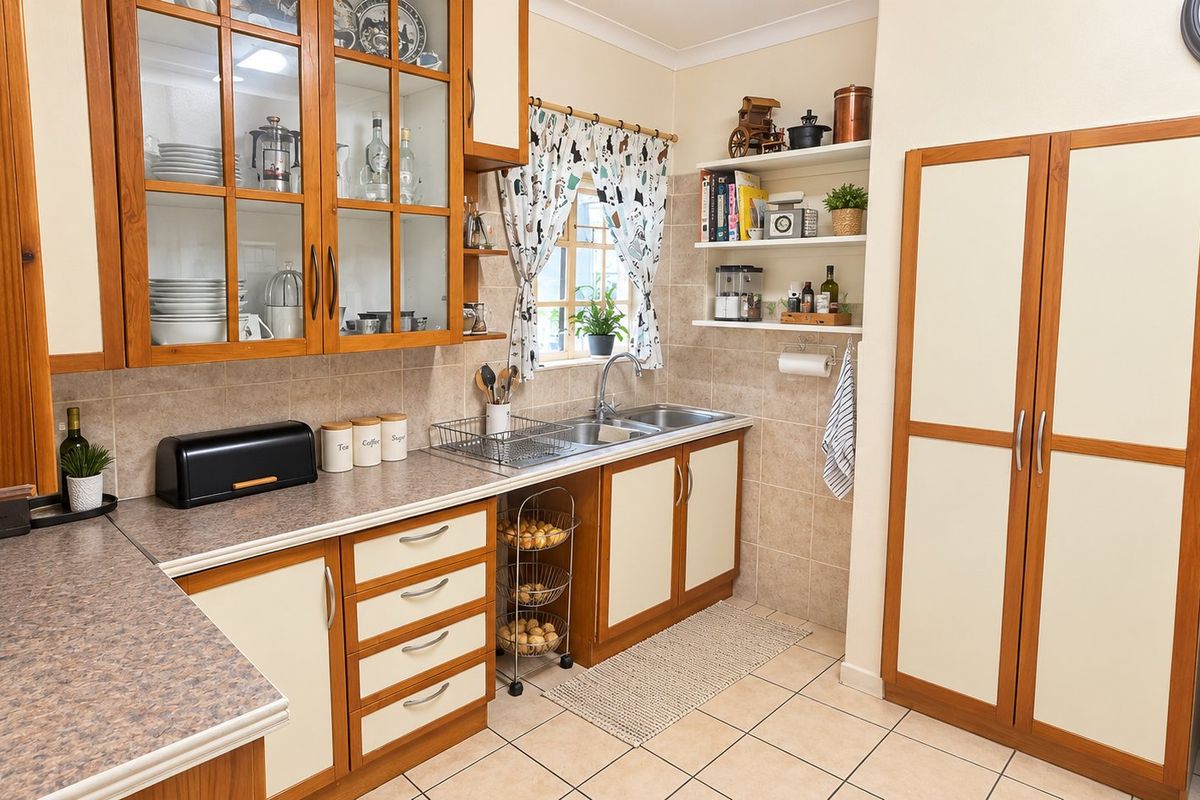 A functional kitchen featuring timber-framed cabinetry, laminate countertops, a double stainless steel sink, and tiled flooring with ample storage space.