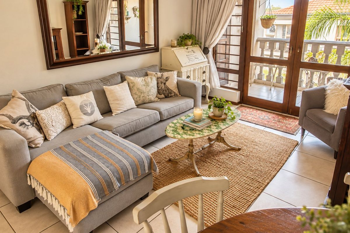 A bright and inviting living room featuring tiled flooring and direct access to a private balcony through double glass doors.