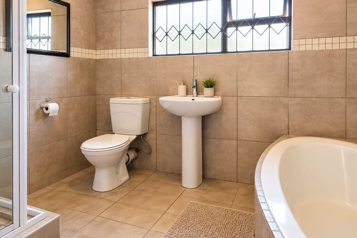 A well-maintained bathroom featuring a pedestal basin, toilet, shower enclosure, and a built-in bathtub with neutral wall and floor tiling.