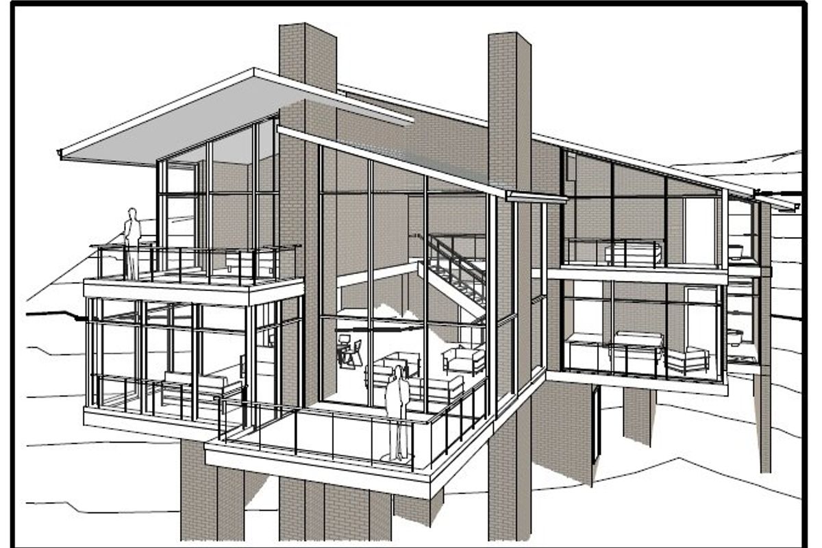 Architectural rendering of a multi-level residential property featuring extensive glass facades, balconies, and a modern open-plan layout.