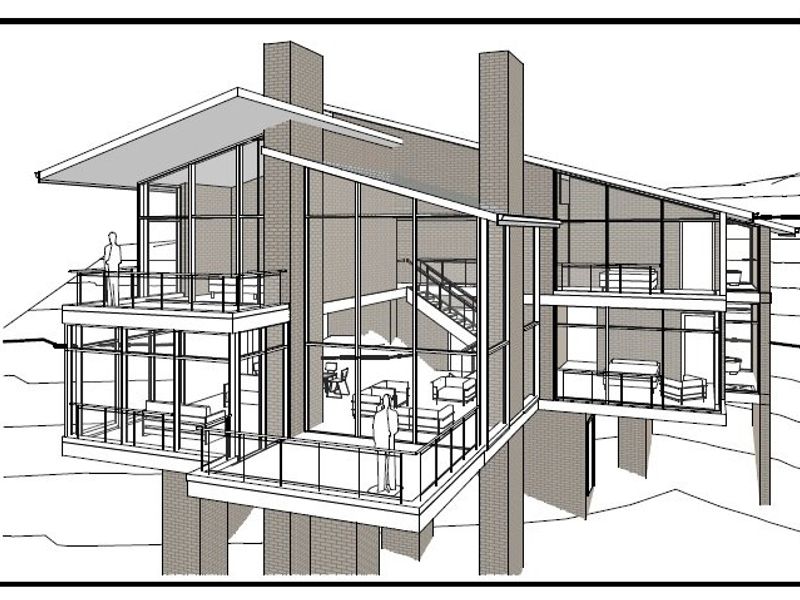 Architectural rendering of a multi-level residential property featuring extensive glass facades, balconies, and a modern open-plan layout.