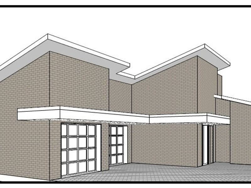 A digital architectural rendering of a modern residential property featuring a brick facade, skillion roof design, and integrated garage.