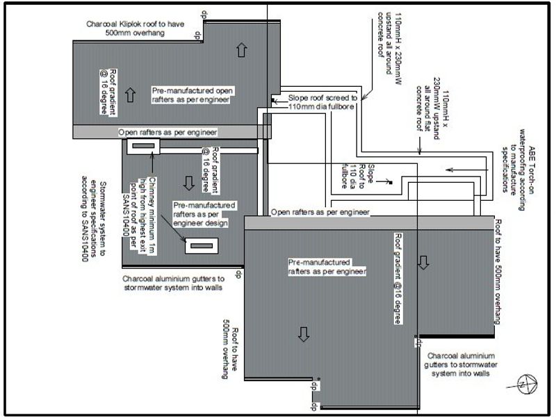 Architectural roof plan detailing structural specifications, roof gradients, drainage systems, and chimney placement for the residential property.