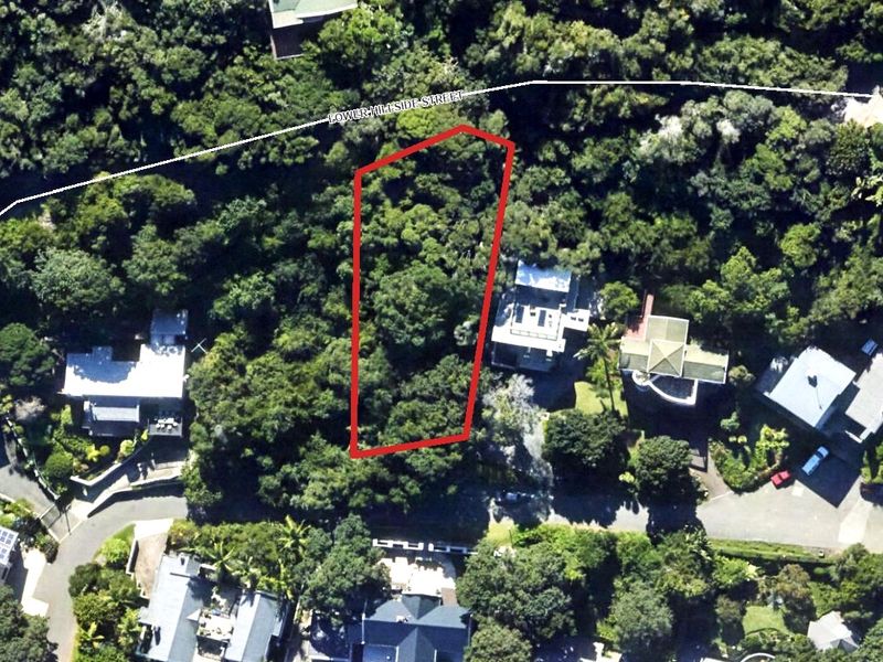 Aerial view of a vacant residential plot surrounded by dense vegetation and established neighborhood properties.
